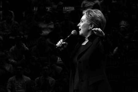 Hillary Clinton, 2008 presidential candidate, giving a speech at an SDSU rally.